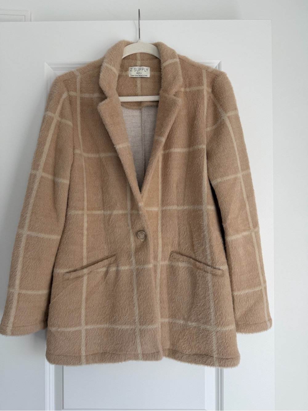 Z Supply Camel Windowpane Plaid Single-Button Pea Coat
